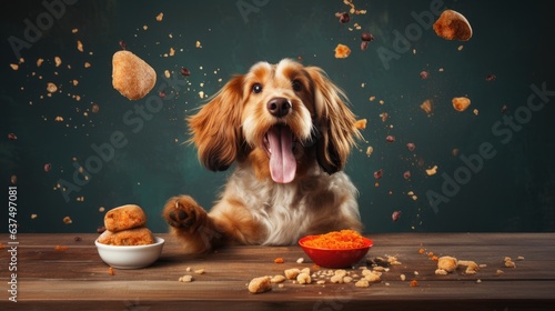 Fotografie, Obraz Happy dog with delicious pet food. Generative AI