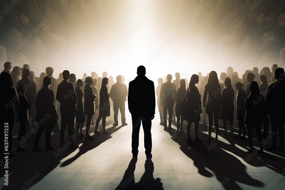 States of mind, psychology, people, media and politics concept. Abstract illustration of people and crowd manipulation. Dark man silhouette standing surrounded people silhouettes. Generative AI States of mind, psychology, people, media and politics concept. Abstract illustration of people and crowd manipulation. Dark man silhouette standing surrounded people silhouettes. Generative AI