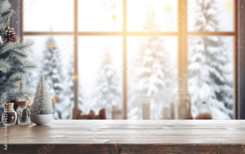 Empty wooden table on the background blurred winter holiday background.The background can be used for mounting or displaying your products.Generative AI