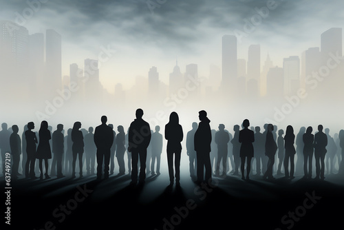 States of mind  psychology  people  media and politics concept. Abstract illustration of people and crowd manipulation. Dark man silhouette standing surrounded people silhouettes. Generative AI