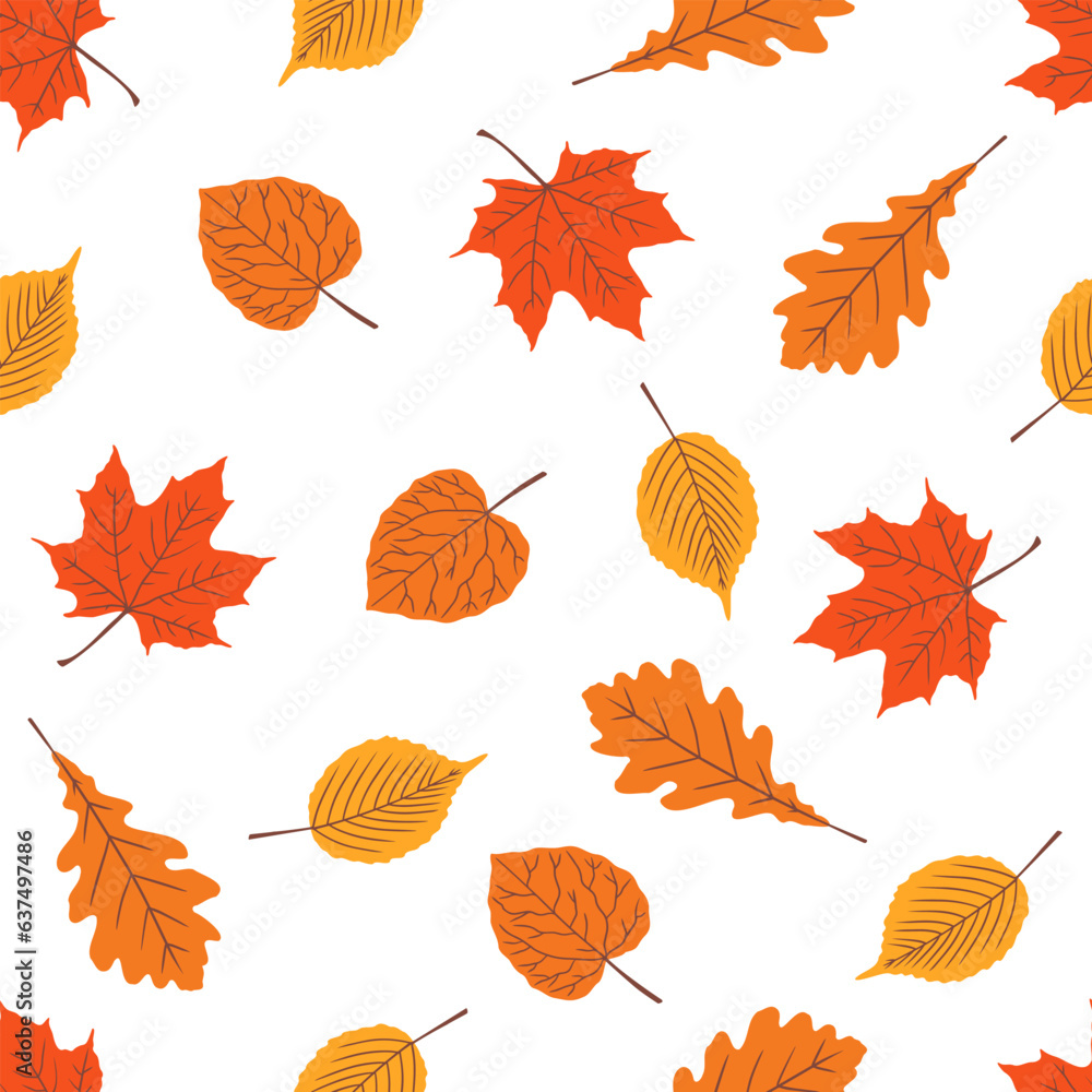 Obraz premium Seamless pattern with autumn leaves in orange, beige, brown and yellow. Perfect for wallpaper, gift paper, template fill, web page background, autumn greeting cards.