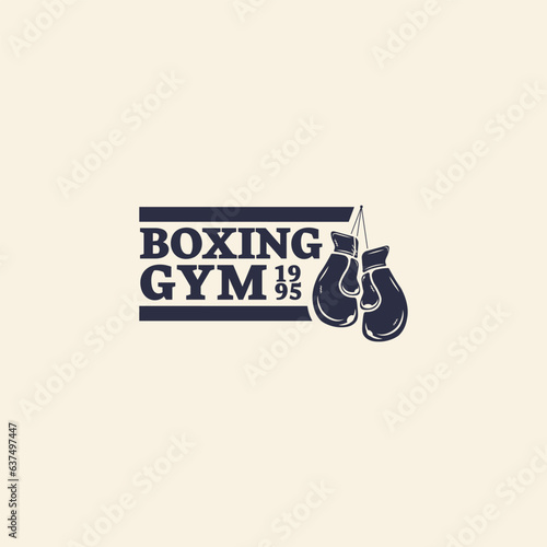 Boxing club badge, logo design. Vector illustration. For Boxing sport club emblem, sign, patch, shirt, template. Vintage monochrome label, sticker with Boxer, gloves.