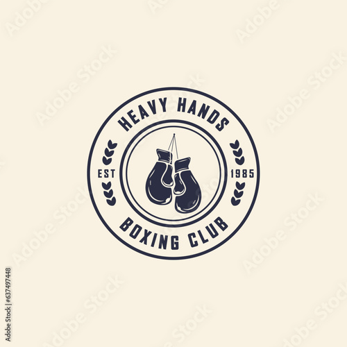 Boxing club badge, logo design. Vector illustration. For Boxing sport club emblem, sign, patch, shirt, template. Vintage monochrome label, sticker with Boxer, gloves.