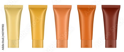 Set of nude beige tubes. 3d mockup. Shades of natural beige color. Concealer or foundation. Salve or ointment. Plastic bottle.