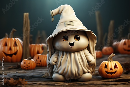 Halloween pumpkins and ghost wearing witch hat. © png-jpeg-vector