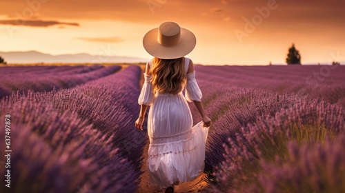 Woman in white hat walking in lavender fields. Generative AI