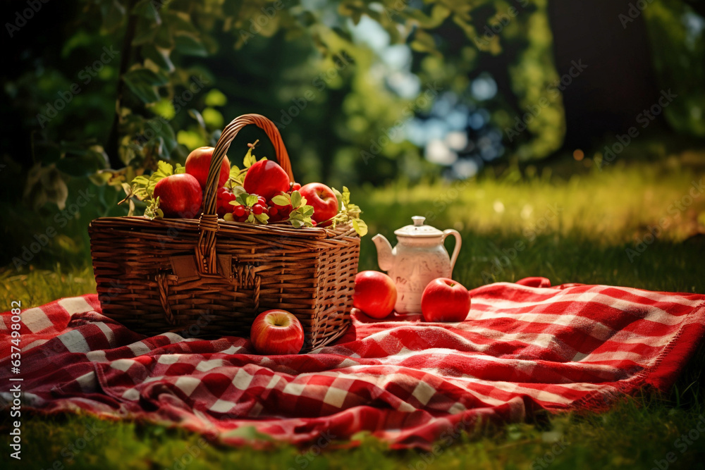 basket with red apples on a checkered blanket in the park basket with red apples on a checkered blanket in the park