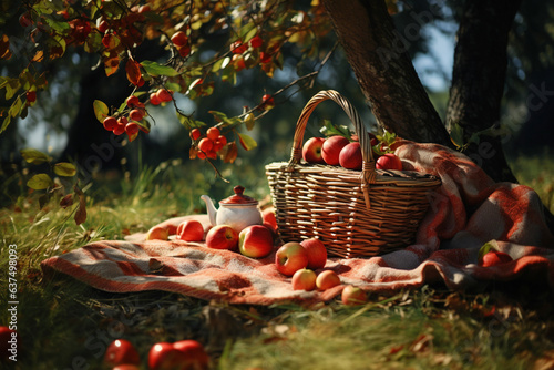 basket of apples on a blanket in the park