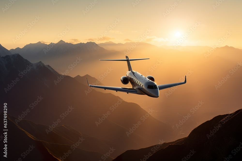 A luxury private jet airplane overflying sunset skies - obrazy, fototapety, plakaty 
