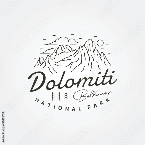 Dolomiti Bellunesi National Park line art vintage travel logo vector illustration, italian travel adventure logo design