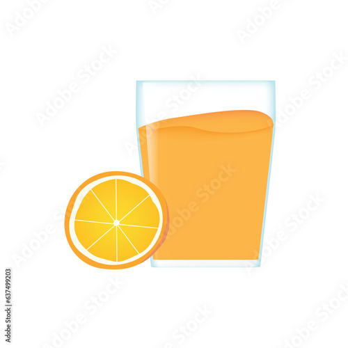 A glass of orange juice and a cut orange.