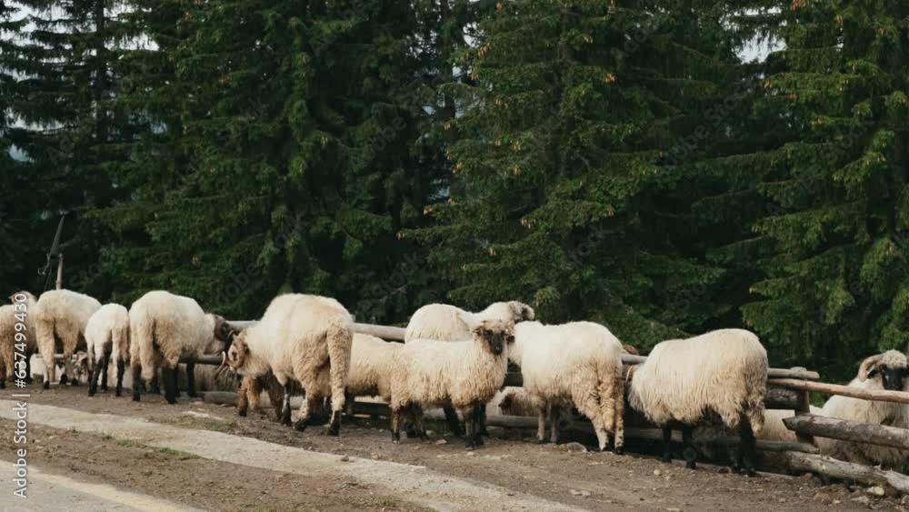 Herd of sheeps walking in the romanian mountain village Herd of sheeps walking in the romanian mountain village