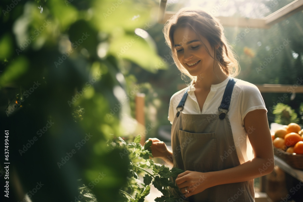 Agriculture, lifestyle, food concept. Young, beautiful and happy woman wearing a brown apron in the small back garden, working in the greenhouse and growing vegetables. Generative AI Agriculture, lifestyle, food concept. Young, beautiful and happy woman wearing a brown apron in the small back garden, working in the greenhouse and growing vegetables. Generative AI