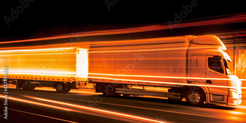 Dynamic truck freight with electric digital light trail underlining modern transport efficiency and connectivity - symbol of global economy movement.