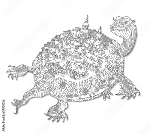 Vector black and white fantasy turtle silhouette, fairy tale landscape, small town buildings and boats. T shirt print. Adults Coloring Book page illustration