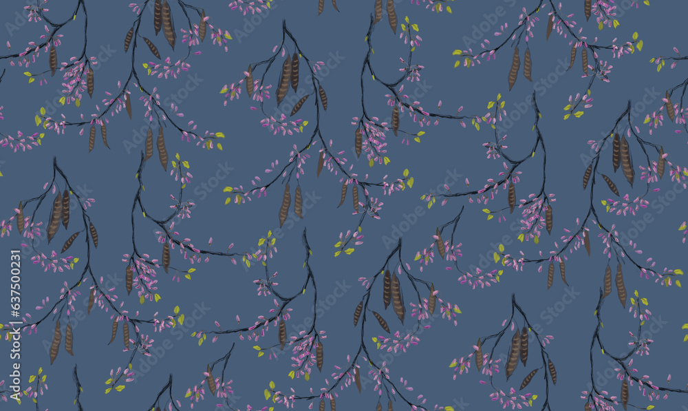 Melancholic Japanese hand drawn botanical pattern of pink acacia blossom. Elegant vintage seamless floral background. Melancholic Japanese hand drawn botanical pattern of pink acacia blossom. Elegant vintage seamless floral background.