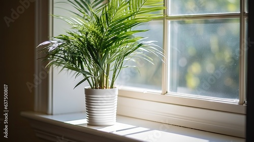 White pot with bamboo palm/reed palm on windowsill. photo