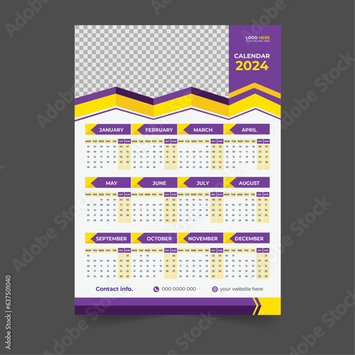 Creative 2024 new year wall calendar design template Vector, Editable high-quality print-ready calendar design template (ID: 637501040)