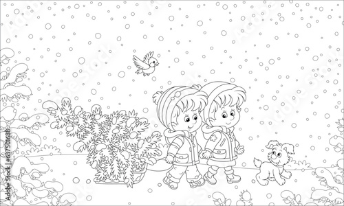 Happy little kids carrying a snowy fir tree on a small sled to decorate it to Christmas, black and white outline vector cartoon illustration for a coloring book page