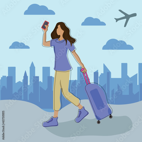 girl with a suitcase hurries to the plane