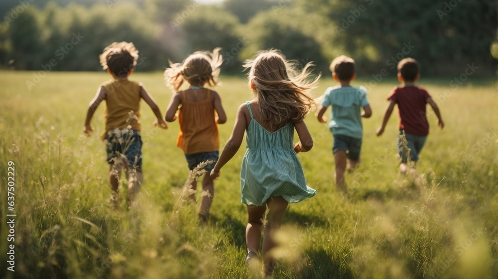 boys and children run in the meadow at sunset happy and in company. Friendship and fun. Freedom among boys and young people, long live life, enjoy life. New opportunities. New beginning. AI generative boys and children run in the meadow at sunset happy and in company. Friendship and fun. Freedom among boys and young people, long live life, enjoy life. New opportunities. New beginning. AI generative