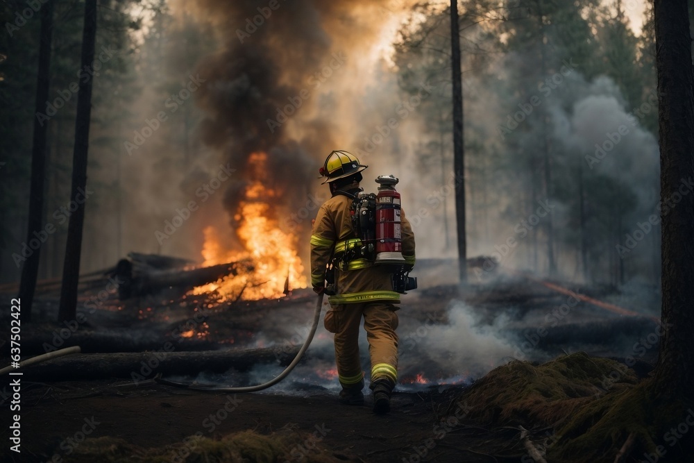 Obraz premium Firefighter puts out and tames fire and fire flames high in the woods. Fire danger, global warming. Risk of fire, drought and high temperatures. Hot and stuffy. Criminals and arsonists. AI generative.