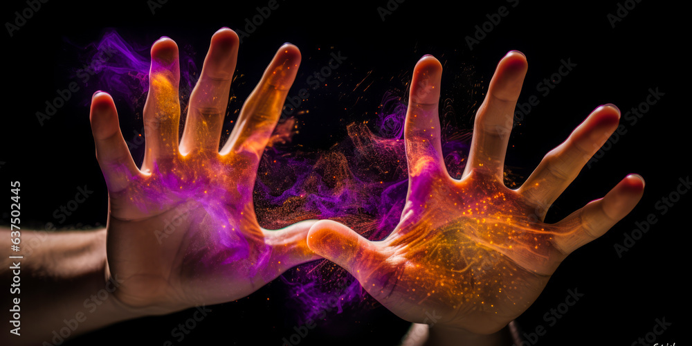 Intense close-up of hands expressing raw emotions, surrounded by vibrant digital light symbolizing chaotic passion and untamed genius. Intriguing insight into human spirit dynamics. Intense close-up of hands expressing raw emotions, surrounded by vibrant digital light symbolizing chaotic passion and untamed genius. Intriguing insight into human spirit dynamics.