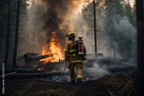 Firefighter puts out and tames fire and fire flames high in the woods. Fire danger, global warming. Risk of fire, drought and high temperatures. Hot and stuffy. Criminals and arsonists. AI generative.