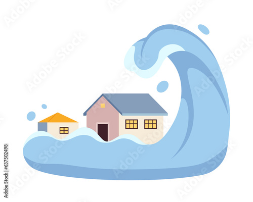 Tsunami flat concept vector spot illustration. Big wave cover town buildings. Catastrophic ocean wave 2D cartoon scene on white for web UI design. Natural disaster isolated editable creative image