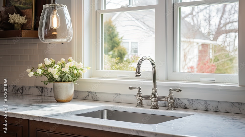 Detailed shot of kitchen sink with marble countertop, white cabinets, stainless steel fixtures, and pendant light by window. Detailed shot of kitchen sink with marble countertop, white cabinets, stainless steel fixtures, and pendant light by window.