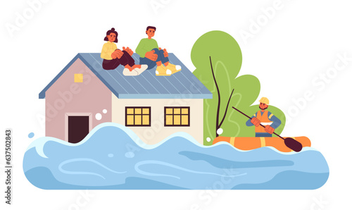 Flood flat concept vector spot illustration. People sitting on roof. Rescue mission. Flowing water 2D cartoon scene on white for web UI design. Natural disaster isolated editable creative image