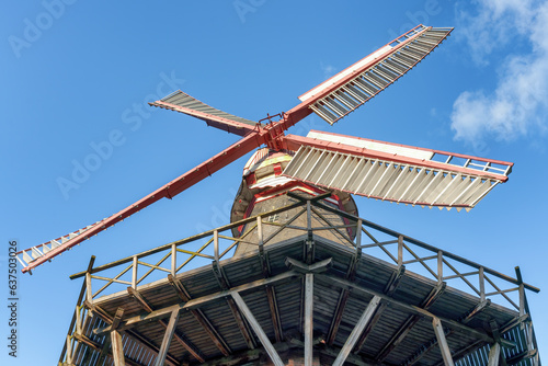 Windmill in Bremen, Germany. Historic Am Wall Windmill, iconic smock mill in the city.