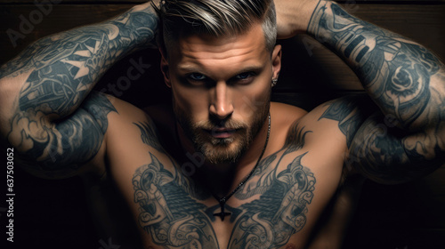 Muscular tattooed man lying on his back with his hands behind head looking at the camera. 