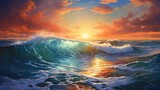  a painting of a sunset over the ocean with waves crashing.  generative ai