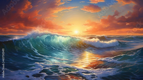  a painting of a sunset over the ocean with waves crashing. generative ai