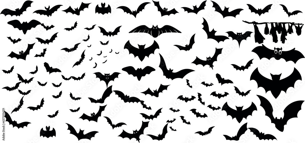 Fototapeta premium vector illustration showcasing a chaotic formation of bats in flight, perfect for Halloween themes. The diverse sizes and shapes of the bats, scientifically known as Chiroptera