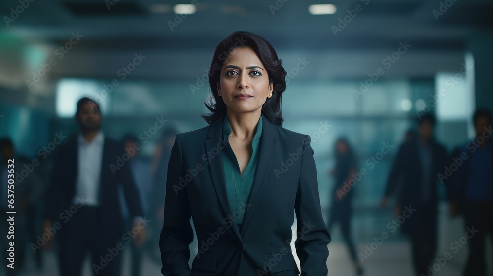 Indian confident women as head of department, CEO, Chief Executive Officer, with bokeh office background. Generative AI Indian confident women as head of department, CEO, Chief Executive Officer, with bokeh office background. Generative AI