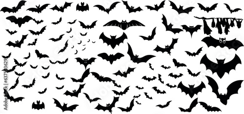 vector illustration showcasing a chaotic formation of bats in flight, perfect for Halloween themes. The diverse sizes and shapes of the bats, scientifically known as Chiroptera