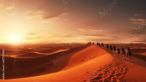  a group of people riding camels across a sandy desert. generative ai