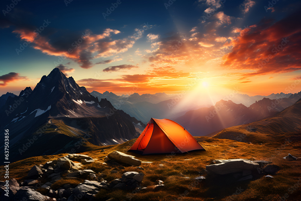 A camping tent is pitched in the mountainous landscape