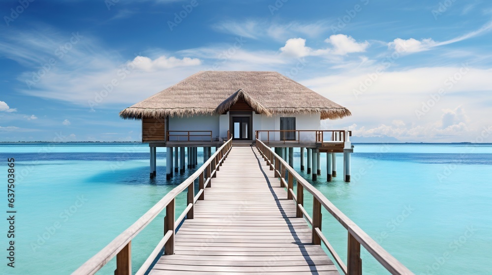  a pier leading to a house with a thatched roof.  generative ai
