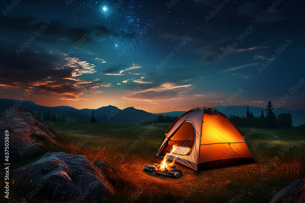 A tourist tent stands in the mountains under the night sky 1