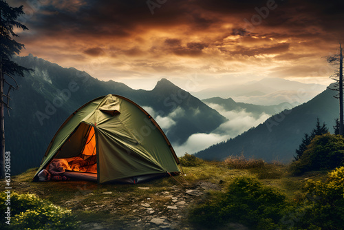 A camping tent is pitched in the mountainous terrain