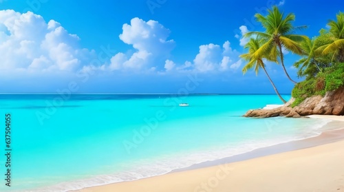 stunning view of a beach with palm trees, can be use as background, copy space. © Asfand