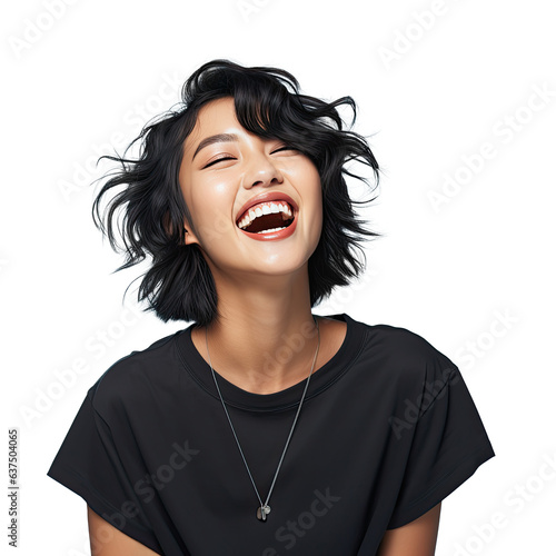 Young asian woman in expressive pose, laugh out loud