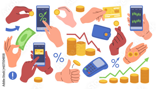 Hands holding money set. Arms with coins, banknotes, bank cards, paying, counting, giving currency. Finance flat design.