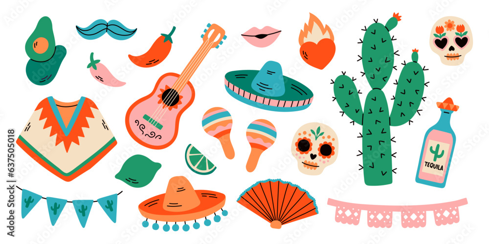 Mexican fiesta set, bright festival party decoration, Cinco de Mayo. Vector flat style illustration isolated on white