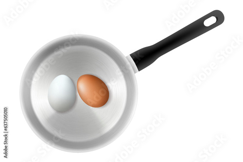 Top view of two eggs in saucepan with water isolated on white background. Realistic 3d vector design. Model of kitchen utensils. Equipment for preparing food