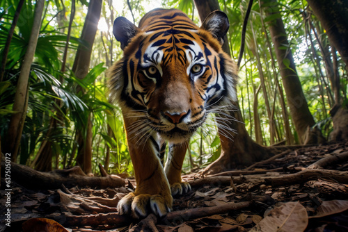 a tiger walking through a forest with lots of leaves