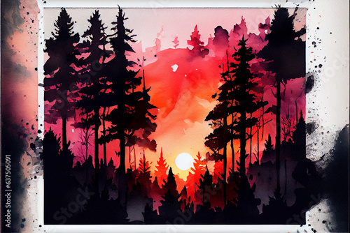 Sunset in the forest, watercolor illustration isolated on white background.